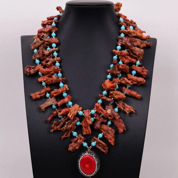 Anhänger Halsketten G-G 3 Reihen Blaues türkiser realer roter Korallenzweige Rohes Halsketten handgefertigt für Frauen Geschenke