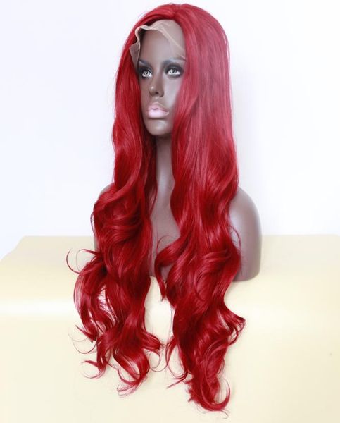 Sexy wa parrucche da corpo rosso bordeaux lunghi con i capelli senza glue -brasiliani parrucche anteriori di pizzo sintetico per donne nere Resistenza di calore Resistenza 2339760