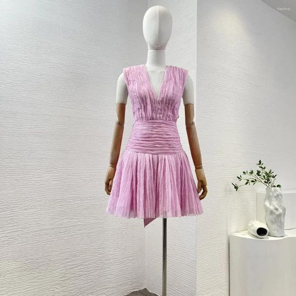 Lässige Kleider 2024 Rosa Rucked Flee Backless Cross Selbst Fliege V-Ausschnitt Falten sexy ärmellose Frauen Süßes Mini-Kleid