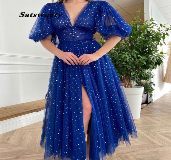 Kobaltblau Vneck Prom Kleider mit mittleren Puffärmel Sternen Tüll geteilte Promkleider Knopftee Aline formelle Kleider4647766