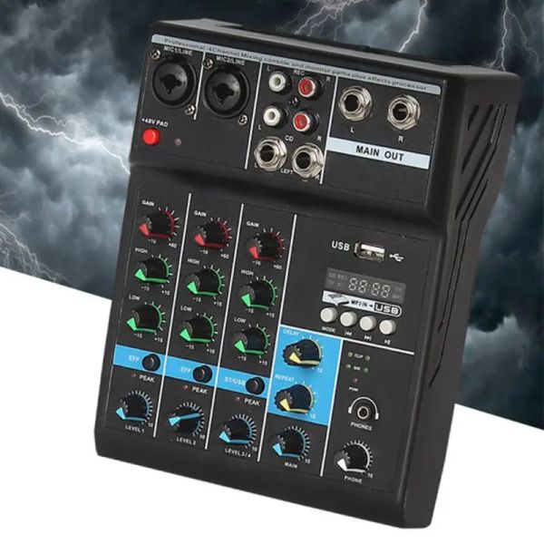 Equipamento Mixer de áudio profissional 4 canais Bluetooth Som Mixing Console para Karaokê KTV em casa com efeitos sonoros de placa de som USB