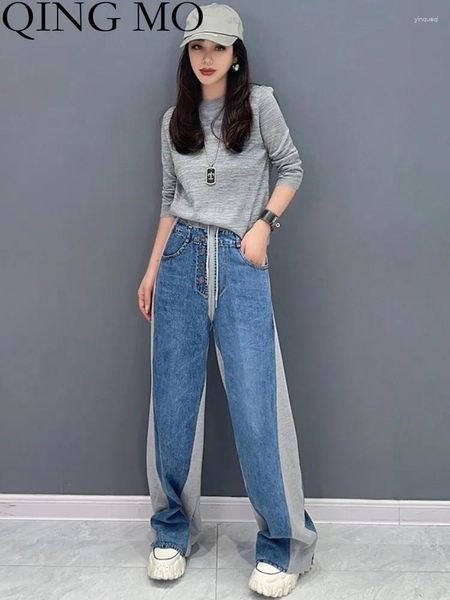 Jeans femininos Qing Mo 2024 Spring Autumn Colored Edge Ponta de perna reta Moda Slim Casual Grey Black Women Denim ZXF3885