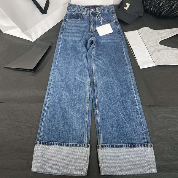 Grundlegende lässige Kleider nanyou schwerer Industrie Heiße gerollte Diamantdesign Sense Fliped Jeans hohe Taille schlanke gerade Beinhosen für Frauen