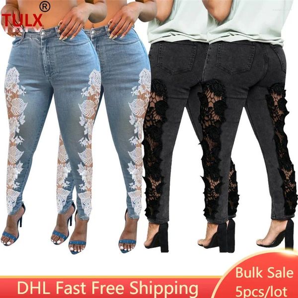 Frauen Jeans 5pcs Großhandel Womens Fashion Mesh Lace Patchwork Denim Hosen hohe Taille Freizeitstreetwege auf Blick auf 10083