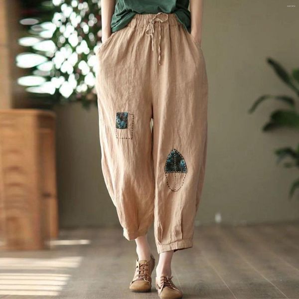 Frauenhose Weitbein -Jogginghose Vintage Ethnischer Stil bestickter Baumwollwäsche mit elastischer Taille lose Kordelkordelhosen