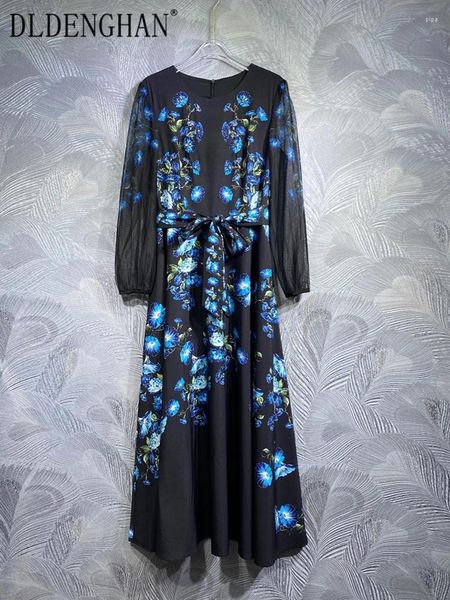 Abiti casual Dldenghan Abito estivo Summer Of Women's Wines Lantern Crystal Diamonds Blue Floral Stampa Elegante Fashi