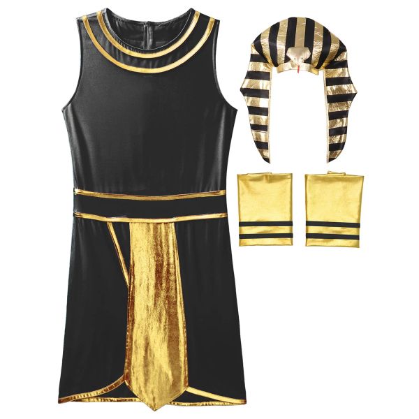 Herren Ägyptische Pharao Kostüm Set Ancient Egypt King Pharaoh Toga Gott Outfits Halloween Cosplay Kleid mit Accessoires