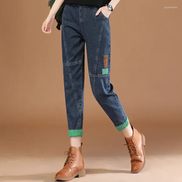 Kadınlar kot m-xl kadın kadın denim pantolon bahar sonbahar elastik bel ayak bileği uzunluk kontrast renk harem bayanlar hy57