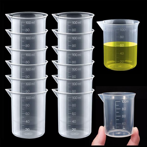 1-12pcs 100 ml Messung Tasse transparentes Kunststoff-Maßstab Becherbecher Labor Labor Labor Laborbehälter Krüge Küchenbackwerkzeug