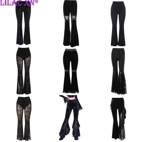 Frauenhose Capris y2k Gothic Schwarzer Samt Spitze Mesh Flare Hosen Sexy Harajuku Ästhetik S durch Emo Hosen Vintage Frauen Sommer Pant Strtwear T240412