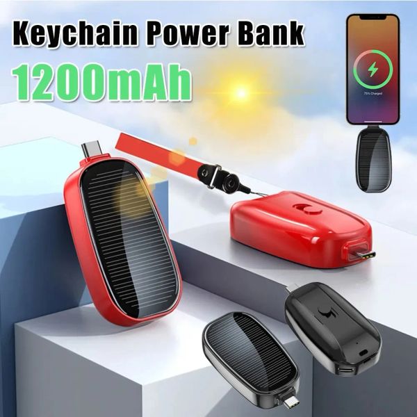 Keychains Solar Power Keychain Phone Ladegerät 1200mAh Tragbare typec Wireless Power Bank für iPhone Samsung Huawei Notfallbatterie