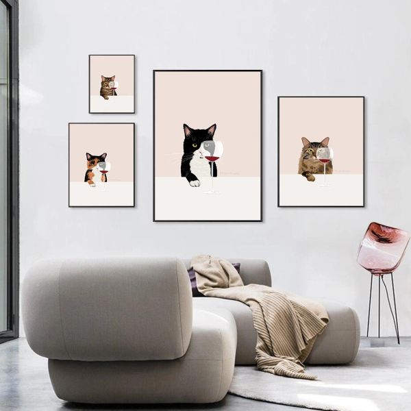 Poster de gato engraçado gatos brancos prove o sabor de vinho tinto pintando gato amante presente de cozinha imagens de arte de parede para sala de estar decoração de casa