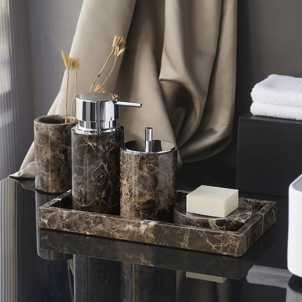 Accessori per il bagno in marmo scuro emperador Luxury Stone spazzolino Dispenser Dispenser Saping Dispuster Diffusore Bame Set