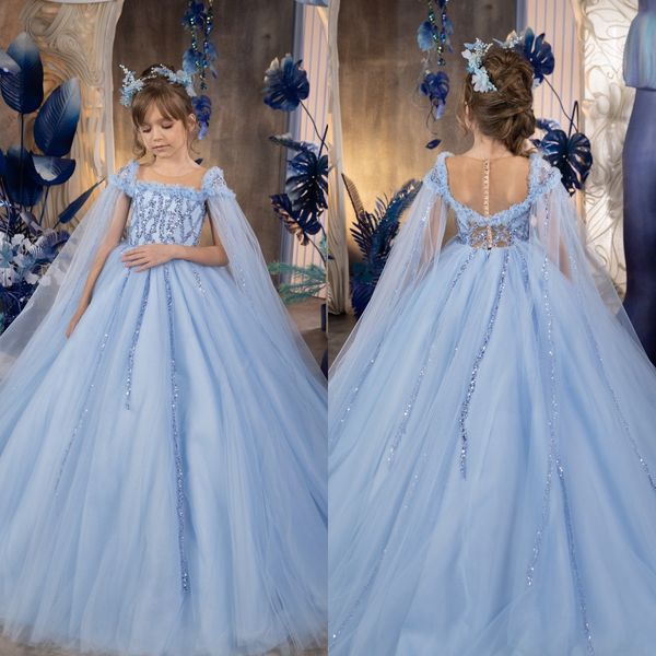 Baby Blue Princess Flower Girls Vestres com capa Menina de miçanga vestidos de concurso Crianças Primeira comunhão Vestido Ilusão de volta Um vestido de aniversário de linha