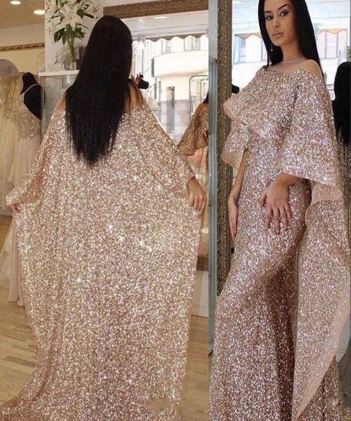 Billige Bling Roségold Pailletten Meerjungfrau Prom Kleider Illusion Hals Langes Kap Rüschen Arabisch Nahe Osten Custom Plus Size Evening Go4221303