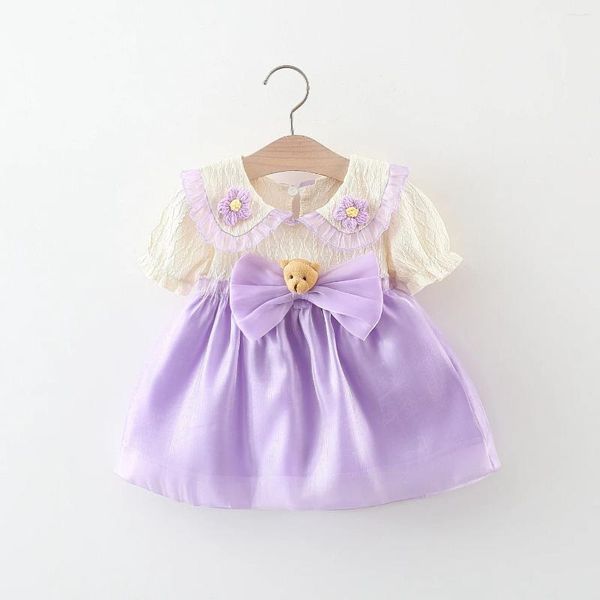 Girl Dresses Summer 2024 Collar con due fiori con teste di orso e cuciture da cartone animato a maniche corte