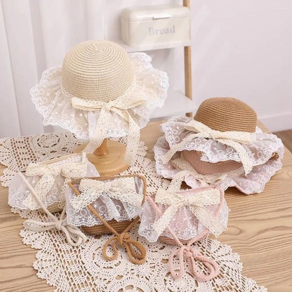 Berrette di paglia cappello largo brim brim bowknot beach cappelli da sole in pizzo campa da tracolla bambina