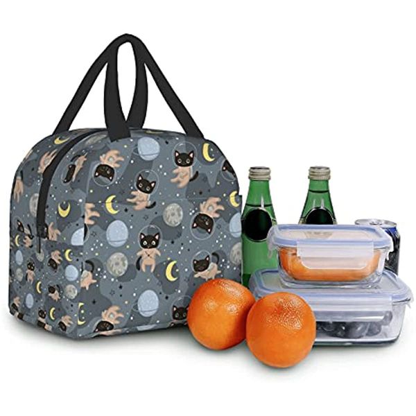 Süße Katzen Astronauten Kawaii Lunchbox Reisetasche Picknicktasche isoliert wieder zur Schule wiederverwendbar für Mann Frau Mädchen Jungen