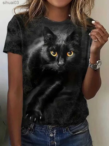 T-shirt feminina plus size roupas femininas 3d Cat para gato tripulação Camiseta casual Camisetas de verão curto solto Tops Tops Clothingl2403