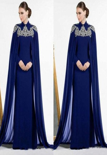 Vestidos de noite de bainha azul escura em árabe de Dubai com capa de jóia de jóia de jóia de mangas compridas Kaftan Piso