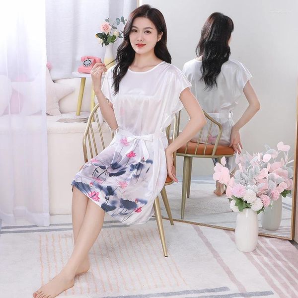 Manga de sono feminina Manga curta Sexy Setin Setin Print NightGowns para mulheres 2024 Verão coreano Coreano Nightdress Night Dress Home Nighty