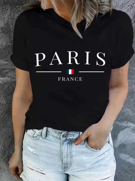 Damen T-Shirt Plus Size Paris Print T-Shirt Kurzarm Crew Neck Casual Top für Sommer Frühling Womens Clothingl2403