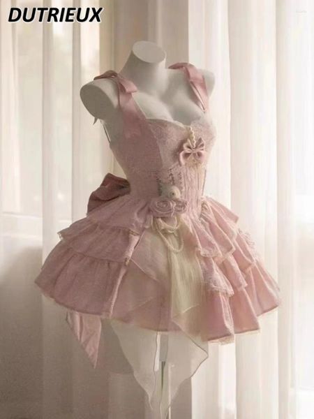 Lässige Kleider Lolita Prinzessin Kurzschlingkleid süße Rose Pettirtirt Vintage Courtstil Taillenkuchen Jacquard Gurt für Frauen