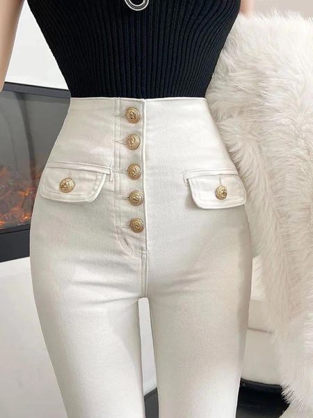 Jeans streetwear streetwear women women di lusso pantaloni pantaloni pantaloni bianchi sottili bottoni single a vita alta