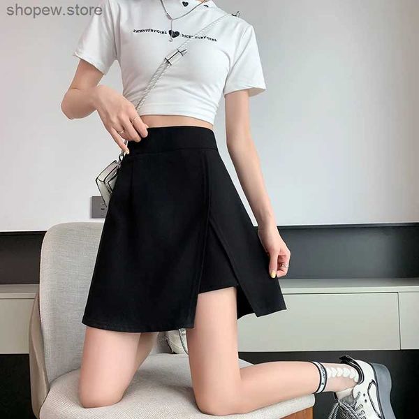 Saias mulheres saia curta dividida Office sólido Senhoras de cintura alta mini saias fêmeas fêmeas coreanas de tamanho A-line Skur Summer