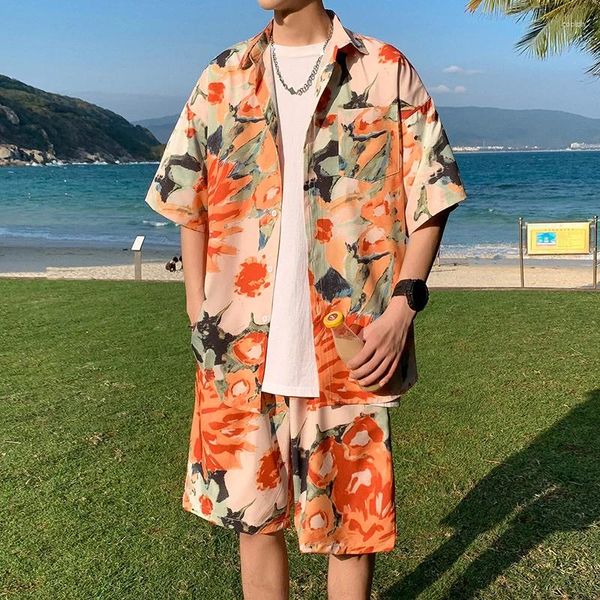 Tute da uomo Abito hawaiano 2 pezzi da uomo set camicia pantaloncini colorati di stampa graffiti abiti estate casual sottili setosi oversize tubi di oversize