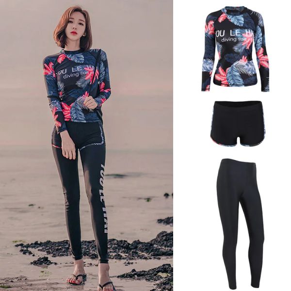 Shorts femmina Skins Basic Upf 50+ maniche lunghe Shirt a guardia di protezione Shorts Leggings 3pcs Set Surf Surf Surf Swim Dveve Bathing Ademblesuit