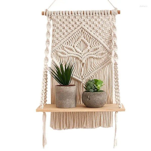 Taquestres Macrame Hung Plant Plant Wood Wood Decor rústico flutuante Boho Prateleiras brancas Organizador de corda de tecido artesanal