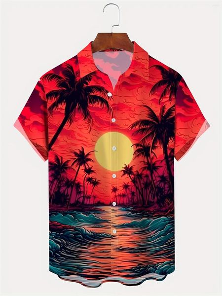 Camisas casuais masculinas 2024 Hawaii Shirt Sunset Waves and Coconut Tree 3D Print Fashion Festas Longo de Summer Manga curta