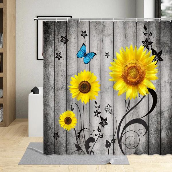 Cortinas de chuveiro Cinza Pacto de madeira Girassol Creative Butterfly Black Leaf Plant Autumn Farm Banho de Flor Cortina Banheiro Conjunto de Decoração