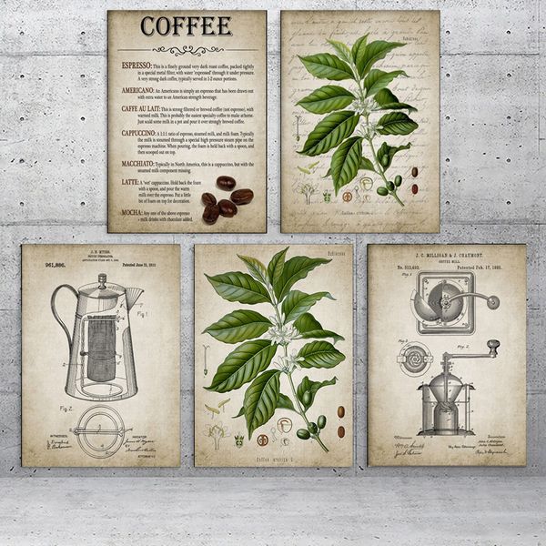 Kaffeezubereitung Vintage Poster Print Kaffee Perkolator und Kaffeebohnen Wandkunst Leinwand Malerei Arten von Kaffee Bild Home Decor