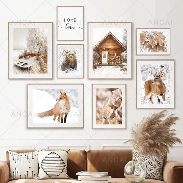 Florest Winter Landscape Pictures Pintura Arte da parede Modern White Snow Animal Leave Poster Print Lar Room Decoração