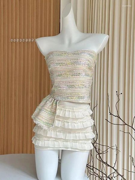 Vestidos de trabalho Roupa de elegância francesa Salia de 2 peças Conjunto de saia gyaru bege top top de luxo cintura elástica pardo baanqueto harajuku