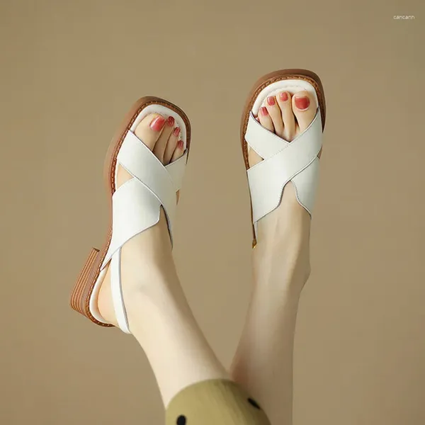 Sandalet Phoentin Plus Boyut 43 Kısa Kadın Yaz Modası Orta Topuk Ayakkabı Günlük Orijinal Deri Plajı FT3443