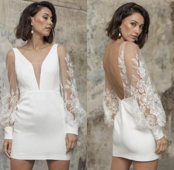 Chick kurze Hochzeitskleider für die Braut zweite Empfangskleider Spitzen Langarm mit offener Back Party Vestido de Novia3083196