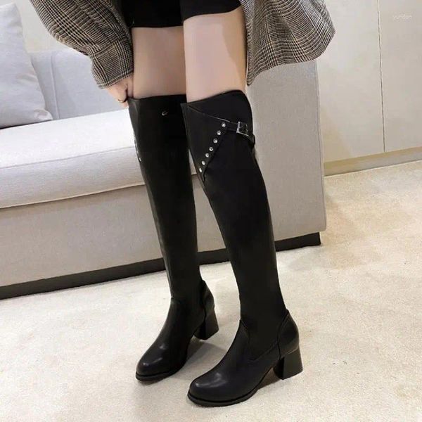 Stivali da donna in pelle elastico signore peluche stivale lungo tacchi spessi inverno sul ginocchio su cavaliere botas più dimensioni