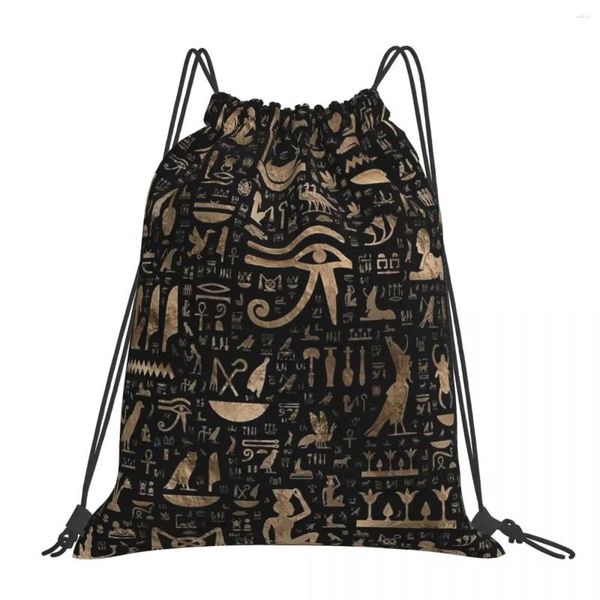 Рюкзак Древние египетские иероглифы - черно -золотые портативные шнурки для шнурки карман карман солнца мужчина женщина