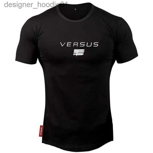 Camiseta masculina de moletons com letras impressas escala de camisa de camisa de fisicultura e camiseta de fitness algodão de algodão O-gola Mens C240412