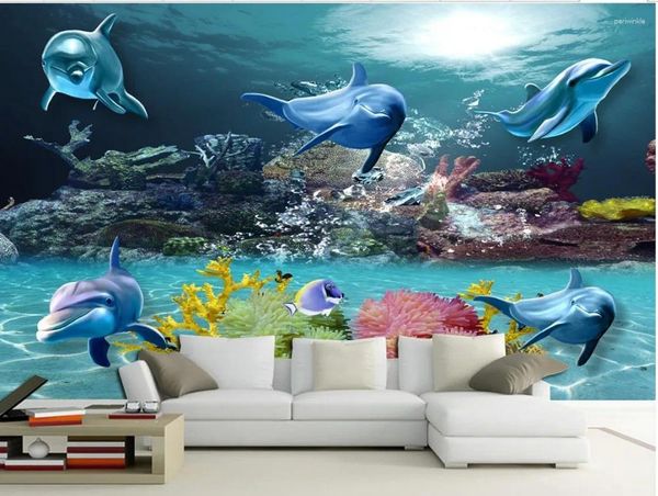 Papéis de parede personalizados Po Wallpaper 3D estereoscópico subaquático mundial Dolphin TV Mural Decoração em casa