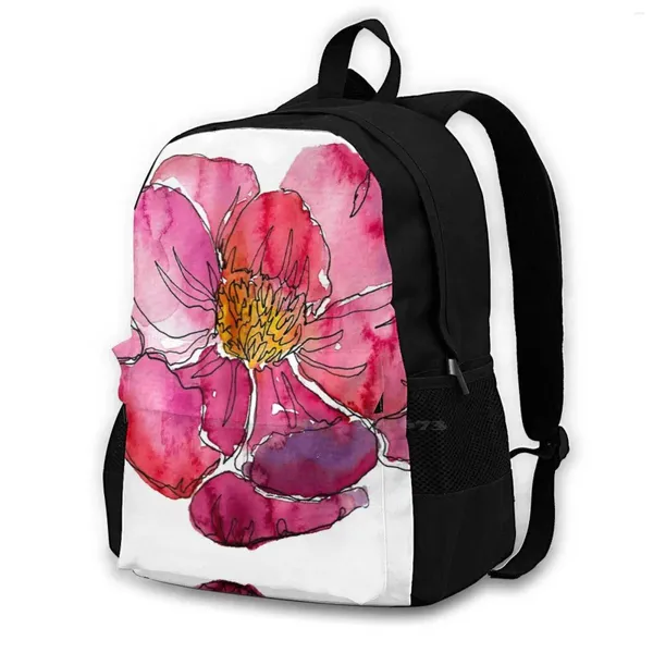 Rucksack Aquarell Peonies Pink Frühling Girly Tasche für Männer Frauen Mädchen Teenager schwarzer Aquarellblumen blühen