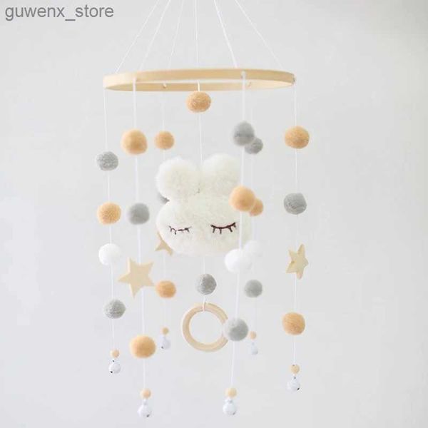 Mobile# Baby Bett Rassel Cartoon Plüsch Kaninchenspielzeug Neugeborene Krippe Mobile Rassel Wollkugeln Perlen Bett Glocke Rotation Wind Chime Kindergarten Dekor Y240412