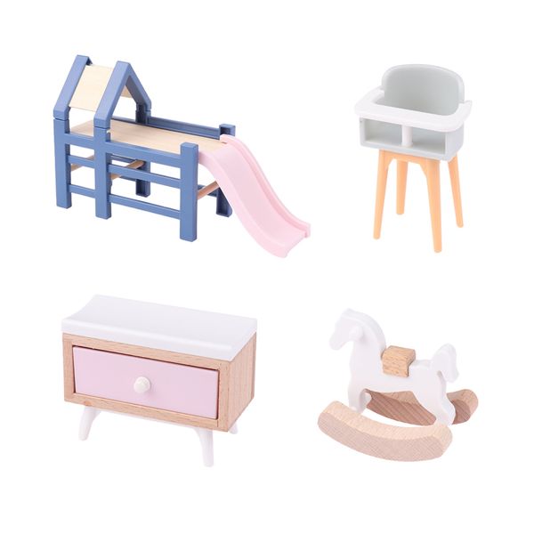 1/12 house bambola per bambini mobili per mobili accessori mini scivolo/cavallo trojan/tavolo/sedia da pranzo/letto per bambini finta giocattolo giocattolo