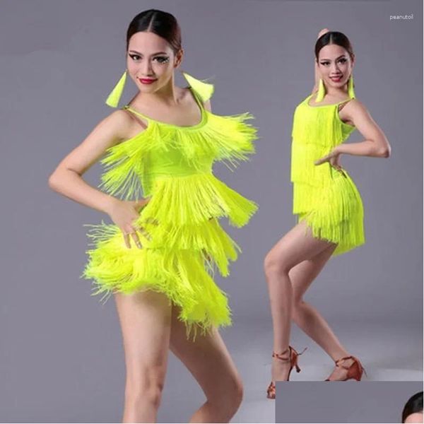 Stage Wear Girls Women Women Modern Ballroom Dance Dance Dance Dance Napsel Fringe Salsa Tango Costume Red Black Performance Drop Delivery Delivery Otw3A