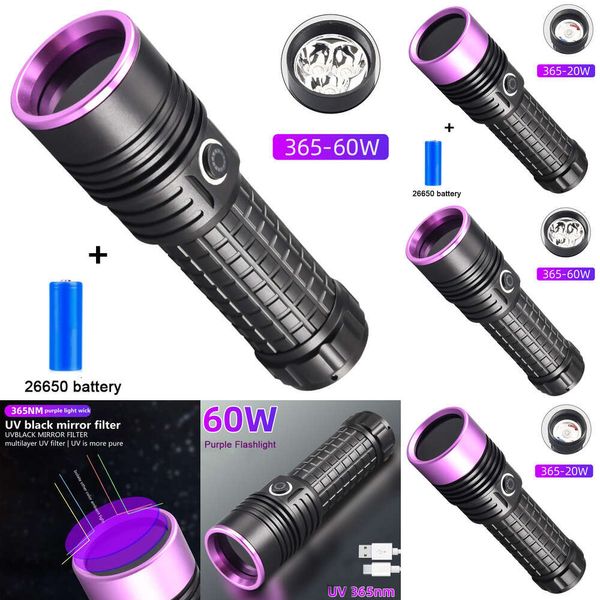 Novo poderoso espelho de lanterna UV de 365nm Black Luz roxa 60W Lantern de detecção de poluição por oleagina fluorescente tipo C Lanterna recarregável