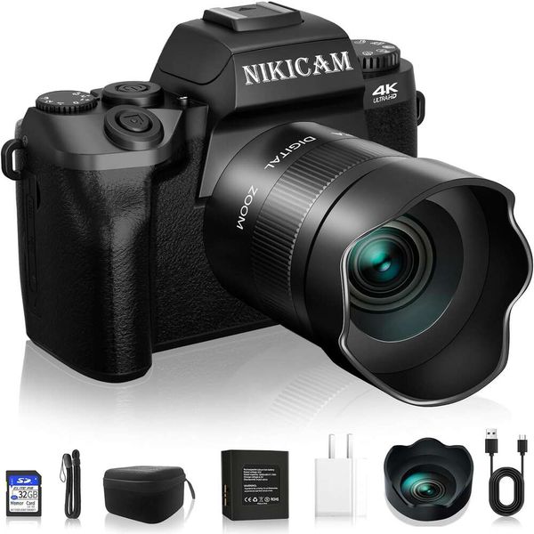 Acquisisci splendide foto e video 4K con la nostra fotocamera vlogging WiFi da 64 MP - doppia fotocamera, touchscreen, flash, scheda SD da 32 GB, copertina dell'obiettivo e batteria di lunga durata - Black