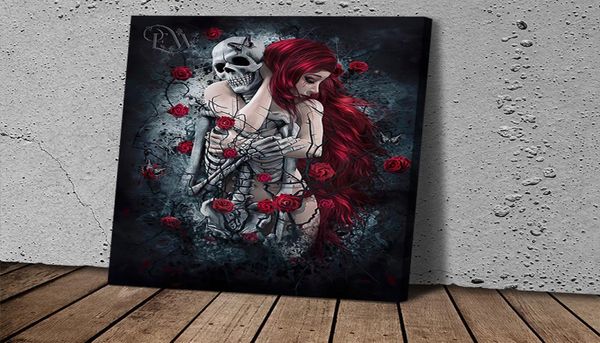 Leinwand Print Wandkunst Gemälde Kunst Bild Gothic Red Haired Frau mit Schädel Skelett für Wohnzimmer Wohnheimdekor4456992